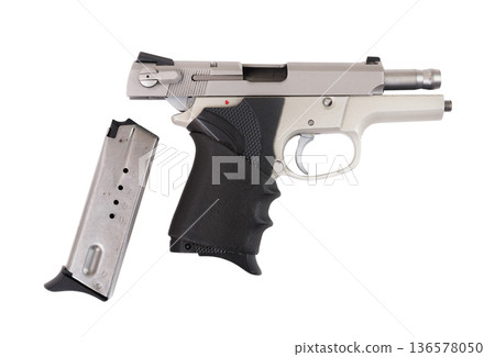 Pistol isolated over white background. Exemplar of firearm weapon closeup 136578050