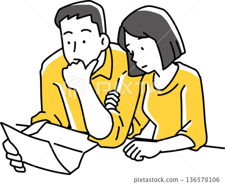 Men and women looking at a letter together Men and women looking at a letter together 136578106