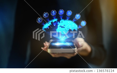 Futuristic Global Mobile Banking and Fintech Innovation with Digital World Map Futuristic Global Mobile Banking and Fintech Innovation with Digital World Map 136578114