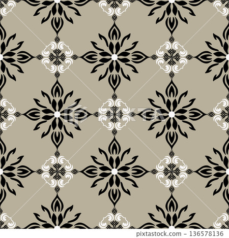 Abstract Damask Seamless Pattern with Floral Ornaments on Beige Background 136578136