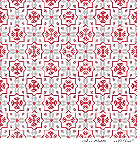 Geometric Red and Grey Damask Seamless Pattern with Floral Stars on White Background 136578137