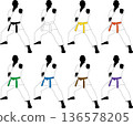A set of karate practitioners of various belts posing in kata 136578205