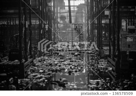 Burnt warehouse. Consequences of the fire. 136578509