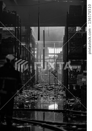 Burnt warehouse. Consequences of the fire. Burnt warehouse. Consequences of the fire. 136578510