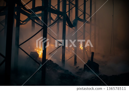 Burnt warehouse. Consequences of the fire. Burnt warehouse. Consequences of the fire. 136578511