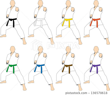 Karate athletes of various belt colors striking poses for kata Karate athletes of various belt colors striking poses for kata 136578618