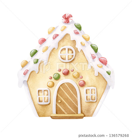 Christmas gingerbread house with candies watercolor illustration. Traditional holiday hand drawn glazed dessert in pastel beige, red and green colors. Festive winter cookie for Happy New Year designs 136579268