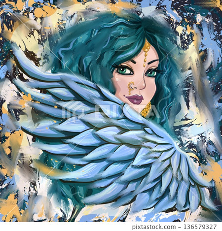 Fantasy Woman with Blue Wings Abstract Digital Portrait Fantasy Woman with Blue Wings Abstract Digital Portrait 136579327