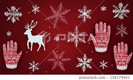 White reindeer and red mittens with snowflakes on dark red background, festive Scandinavian winter pattern inspired by Nordic traditions and Scandinavian people 136579401