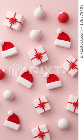 Minimalist Christmas flat lay with Santa hats, white gift boxes with red ribbons and festive baubles on soft pink background, modern holiday concept popular among American people 136579405