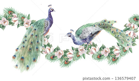 Seamless border of peacocks, the blooming magnolia and feathers. Handmade watercolor illustration. For cards, cover, wallpaper, prints, product labels and fabric. Seamless border of peacocks, the blooming magnolia and feathers. Handmade watercolor illustration. For cards, cover, wallpaper, prints, product labels and fabric. 136579407