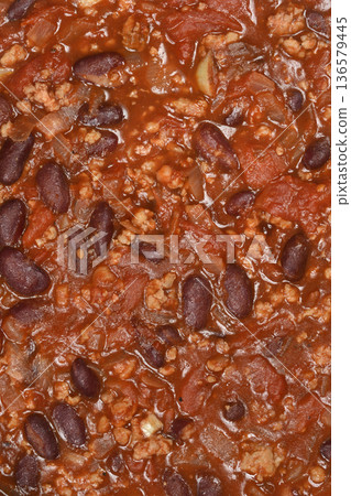 Hearty Chili con Carne with Red Beans and Ground Meat 136579445