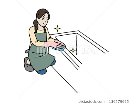 Illustration of a housewife cleaning the bathtub 136579625