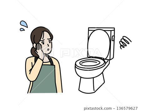 插圖描繪了一位家庭主婦正在處理堵塞或損壞的馬桶。 136579627
