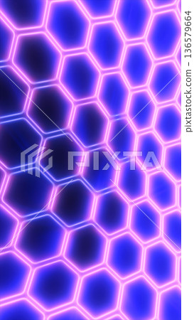 Glowing neon hexagon honeycomb pattern in purple and blue tones, futuristic cyber grid background with soft light bloom Glowing neon hexagon honeycomb pattern in purple and blue tones, futuristic cyber grid background with soft light bloom 136579664