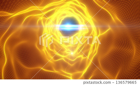 Glowing orange energy portal forming a sci-fi vortex in a wireframe grid with bright lens flare, futuristic abstract background Glowing orange energy portal forming a sci-fi vortex in a wireframe grid with bright lens flare, futuristic abstract background 136579665
