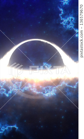 Bright cosmic energy ring with explosive light band in deep space, illustrating astrophysical power, cosmic phenomena, and futuristic science 136579670