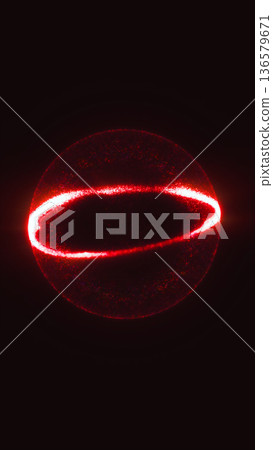 Glowing red energy sphere with a bright elliptical ring floating in dark space 136579671