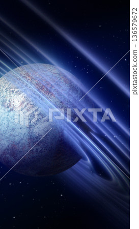 Blue-textured planet floating in space surrounded by glowing horizontal energy rings and a starry sky 136579672