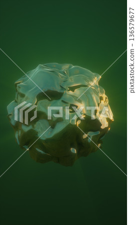 Glossy organic green metallic-like sphere floating in dark green space with soft glowing reflections 136579677