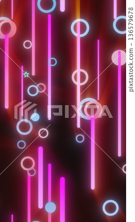 Abstract neon rings and glowing vertical light bars in bright pink and blue floating on a dark background Abstract neon rings and glowing vertical light bars in bright pink and blue floating on a dark background 136579678