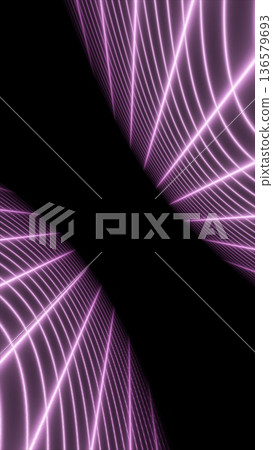 Pink glowing wireframe grids forming curved futuristic surfaces in dark space, representing virtual landscapes Pink glowing wireframe grids forming curved futuristic surfaces in dark space, representing virtual landscapes 136579693