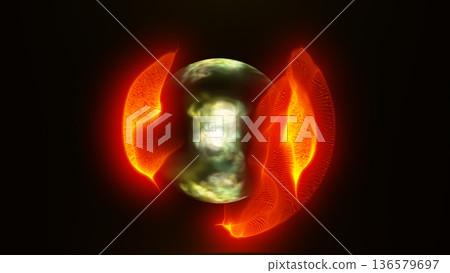 Fiery red glowing energy arcs surrounding a central blurred metallic core, creating a dramatic split-light effect 136579697