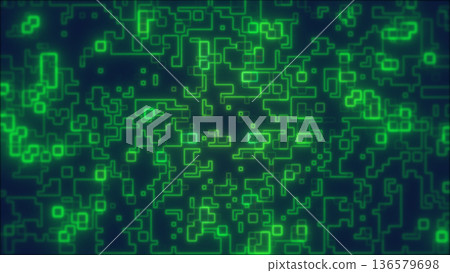 Green glowing abstract circuit-style pattern with interconnected lines and shapes, symbolizing coding, data networks, and digital systems 136579698