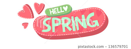 Pink Hello Spring banner with heart pattern and teal speech bubble, romantic seasonal web header isolated on white background. Hells spring pink hand draw doodle sticker and label with text 136579701