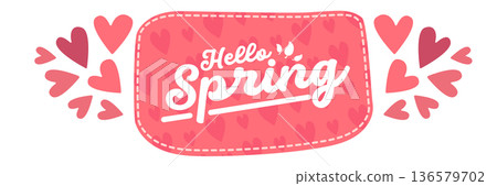 Pink Hello Spring banner with heart pattern and teal speech bubble, romantic seasonal web header isolated on white background. Hells spring pink hand draw doodle sticker and label with text 136579702