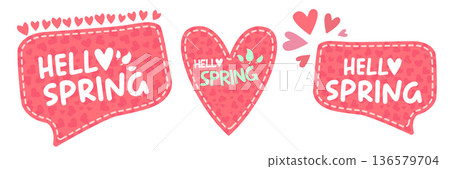 Pink Hello Spring banner set with heart pattern and teal speech bubble, romantic seasonal web header isolated on white background. Hells spring pink hand draw doodle sticker and label with text Pink Hello Spring banner set with heart pattern and teal speech bubble, romantic seasonal web header isolated on white background. Hells spring pink hand draw doodle sticker and label with text 136579704