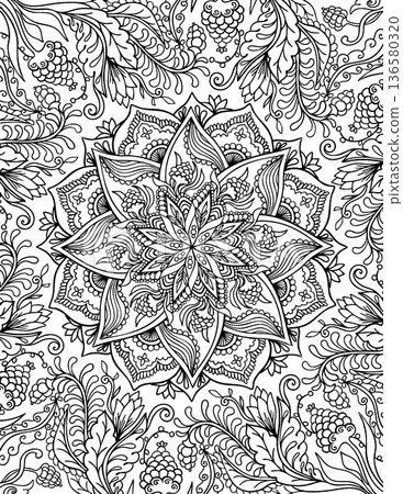 Ornamental mandala adult coloring book page. Arabic, Indian ornament line art, black. Ornamental mandala adult coloring book page. Arabic, Indian ornament line art, black. 136580320