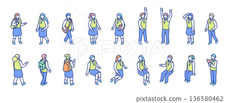 Isometric illustration set of male and female students in uniform. 136580462