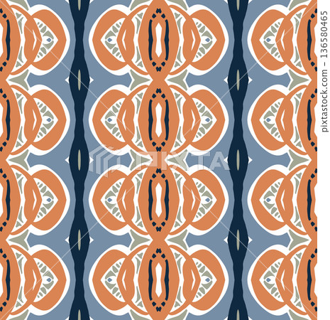 Blue and Orange Mid-Century Geometric Seamless Pattern with Oval and Diamond Motifs Blue and Orange Mid-Century Geometric Seamless Pattern with Oval and Diamond Motifs 136580465