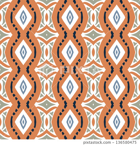 Blue and Orange Mid-Century Geometric Seamless Pattern with Oval and Diamond Motifs Blue and Orange Mid-Century Geometric Seamless Pattern with Oval and Diamond Motifs 136580475