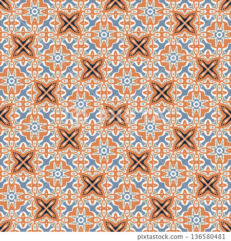 Blue and Orange Mid-Century Geometric Seamless Pattern with Oval and Diamond Motifs 136580481