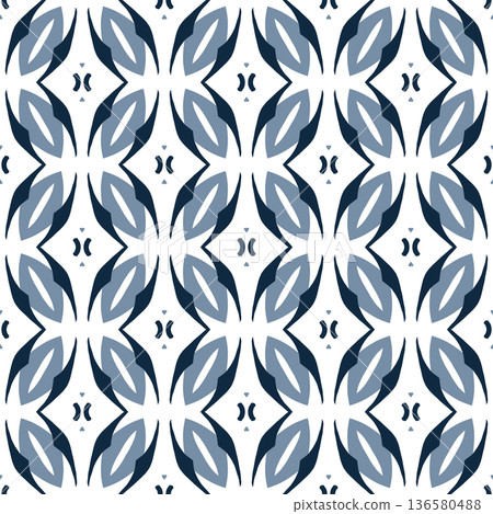 Blue and White Mid-Century Geometric Seamless Pattern with Abstract Motifs 136580488