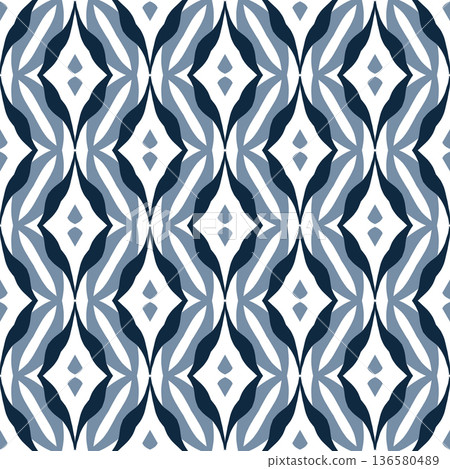 Blue and White Mid-Century Geometric Seamless Pattern with Abstract Motifs 136580489