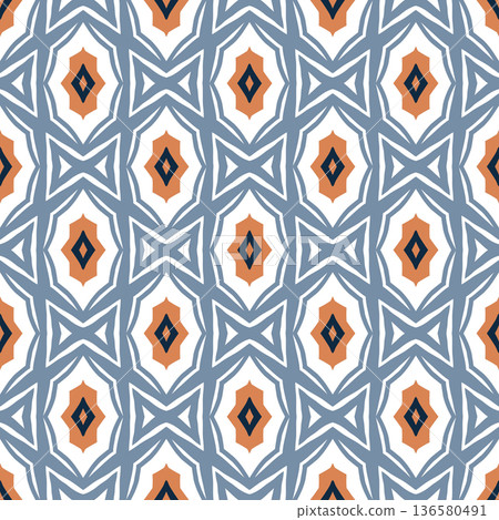Blue and Orange Mid-Century Geometric Seamless Pattern with Oval and Diamond Motifs Blue and Orange Mid-Century Geometric Seamless Pattern with Oval and Diamond Motifs 136580491