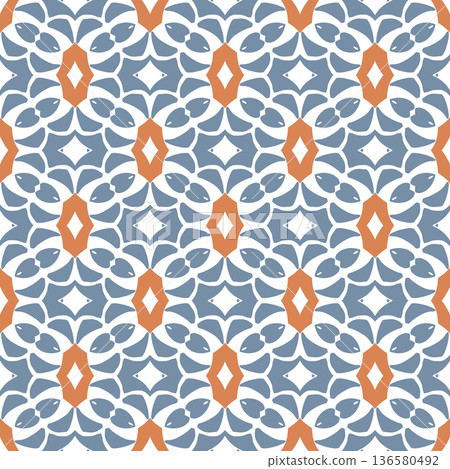 Blue and Orange Mid-Century Geometric Seamless Pattern with Oval and Diamond Motifs 136580492