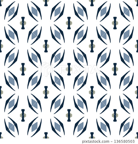 Blue and White Mid-Century Geometric Seamless Pattern with Abstract Motifs Blue and White Mid-Century Geometric Seamless Pattern with Abstract Motifs 136580503