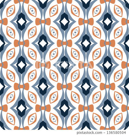 Blue and Orange Mid-Century Geometric Seamless Pattern with Oval and Diamond Motifs Blue and Orange Mid-Century Geometric Seamless Pattern with Oval and Diamond Motifs 136580504