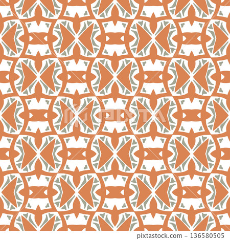Blue and Orange Mid-Century Geometric Seamless Pattern with Oval and Diamond Motifs 136580505