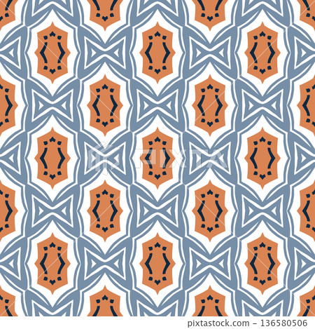 Blue and Orange Mid-Century Geometric Seamless Pattern with Oval and Diamond Motifs 136580506