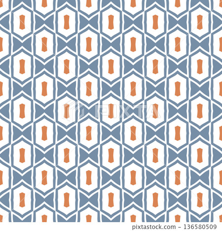 Blue and Orange Mid-Century Geometric Seamless Pattern with Oval and Diamond Motifs 136580509