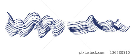 Abstract grunge textured vector wavy dark blue ink paint brush stroke border set. Artistic curve dynamic isolated grunge indigo paintbrush for texture design, sound wave background, striped mascara 136580510