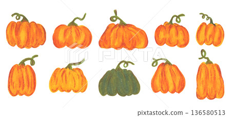 Bright hand drawn oil pastel textured orange and green harvest pumpkin set. Drawing with crayons autumn vegetables for fall sticker, Halloween poster design, thanksgiving squash logo 136580513