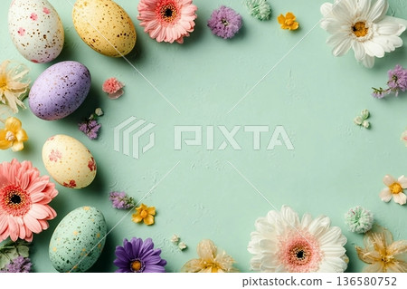 Happy Easter composition for easter design. Elegant Easter eggs and spring flowers on mint background. Flat lay, top view, copy space. 136580752