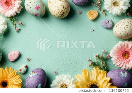 Happy Easter composition for easter design. Elegant Easter eggs and spring flowers on mint background. Flat lay, top view, copy space. Happy Easter composition for easter design. Elegant Easter eggs and spring flowers on mint background. Flat lay, top view, copy space. 136580753