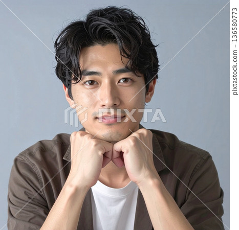 Portrait of a young man with his hand on his chin 136580773